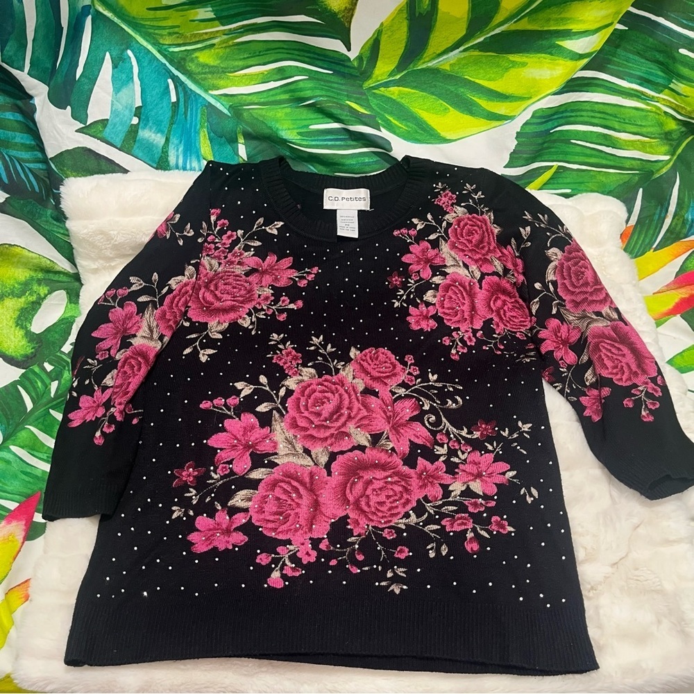 Vintage C.D. SP Petites Black Pink Rhinestone Goth Office Fall Light Sweater